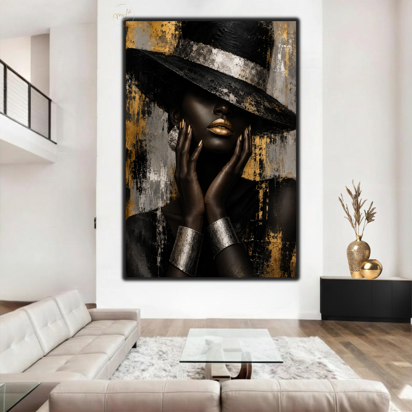 Black Woman Wall Art – Glamorous Black, Gold & Silver Abstract Canvas Print
