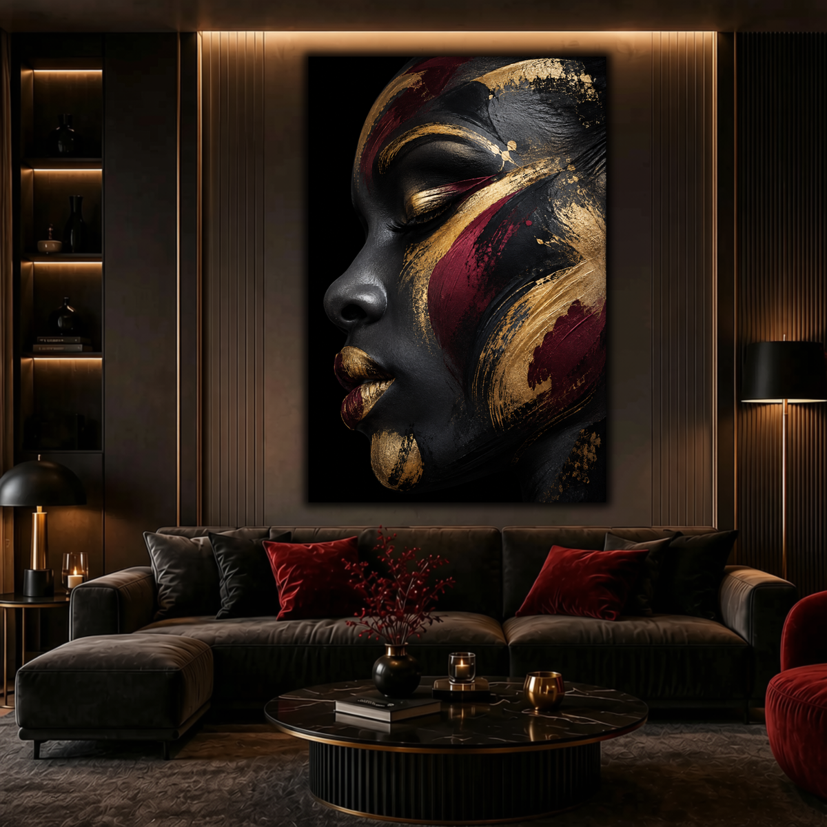 Black Woman Wall Art - Abstract Afrocentric Canvas Print | Black, Gold & Burgundy Home Decor