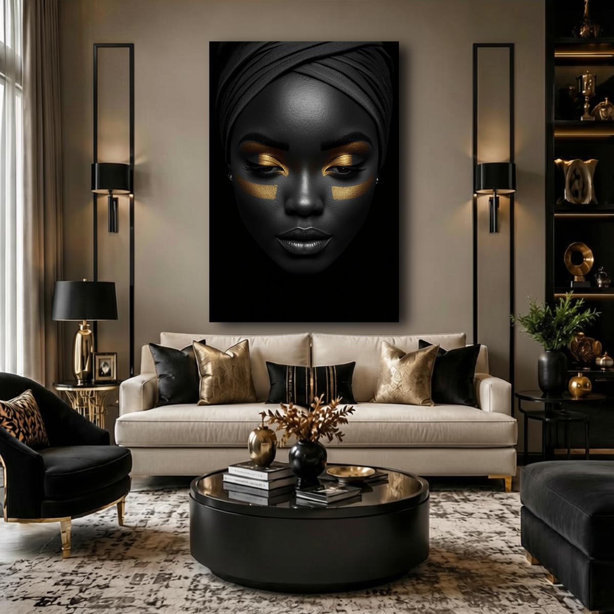 Black Woman Wall Art – Gilded Essence | Black & Gold  Luxury Portrait Canvas Print