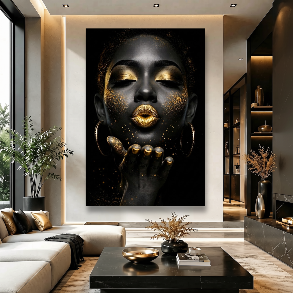 Black Woman Wall Art – Kiss of Gold | Afrocentric Gold Lips Black & Gold Canvas Print