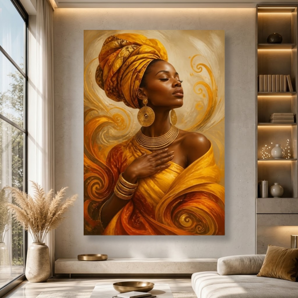 Black Woman Wall Art – Amber Serenity | Afrocentric Orange & Yellow Canvas Print