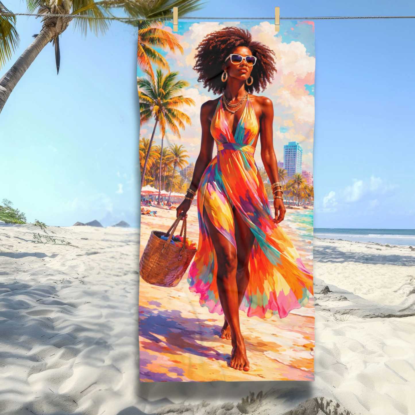 Black Woman Beach Towel - Stylish Afrocentric Miami Beach
