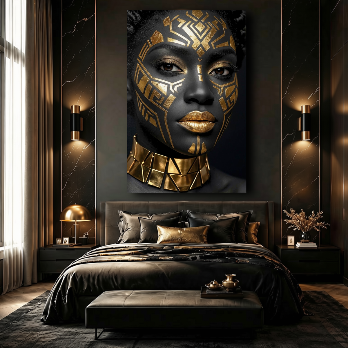 Black Woman Wall Art – Midnight Warrior | Luxury Black & Gold Afrocentric Canvas Print