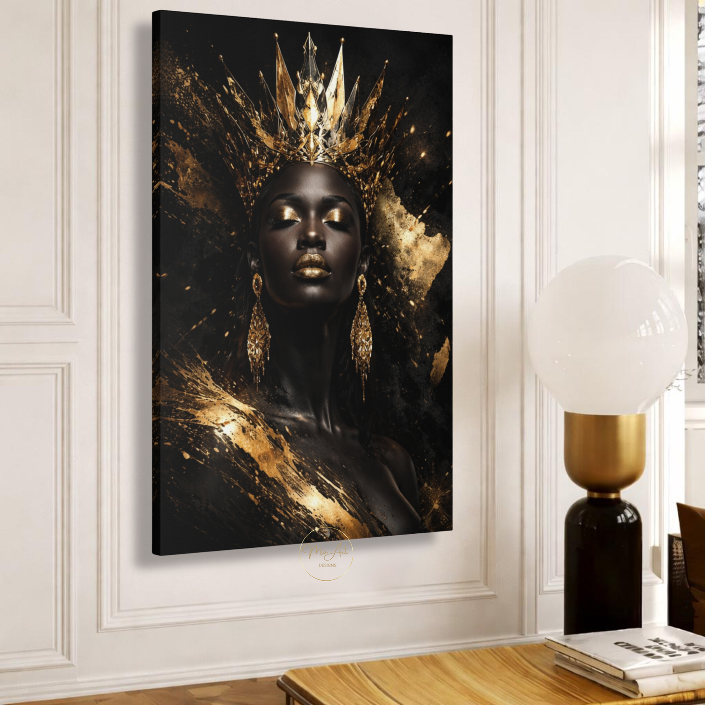 African Queen Black Woman Wall Art – Gold Crown Afrocentric Canvas Print