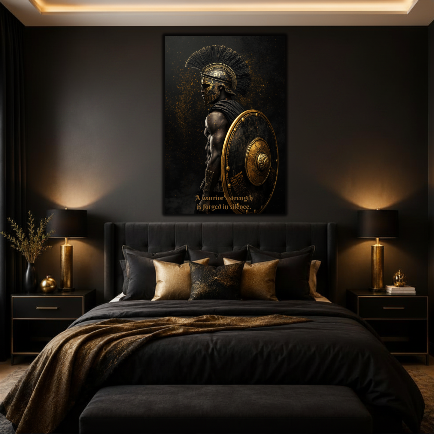 Spartan Warrior Motivational Quote Canvas Print | "Forged in Silence" Black & Gold Wall Art