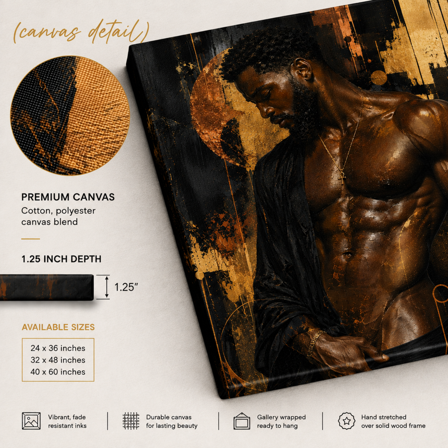 Black Man Wall Art - Seductive Afrocentric Canvas Print | Modern Black & Gold Masculine Wall Art