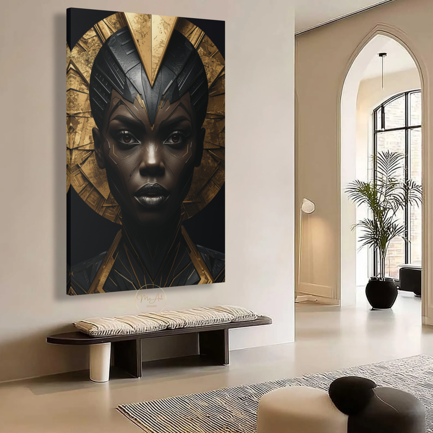 Black Woman Wall Art – Bold African Warrior Goddess | Premium Black & Gold Canvas Print