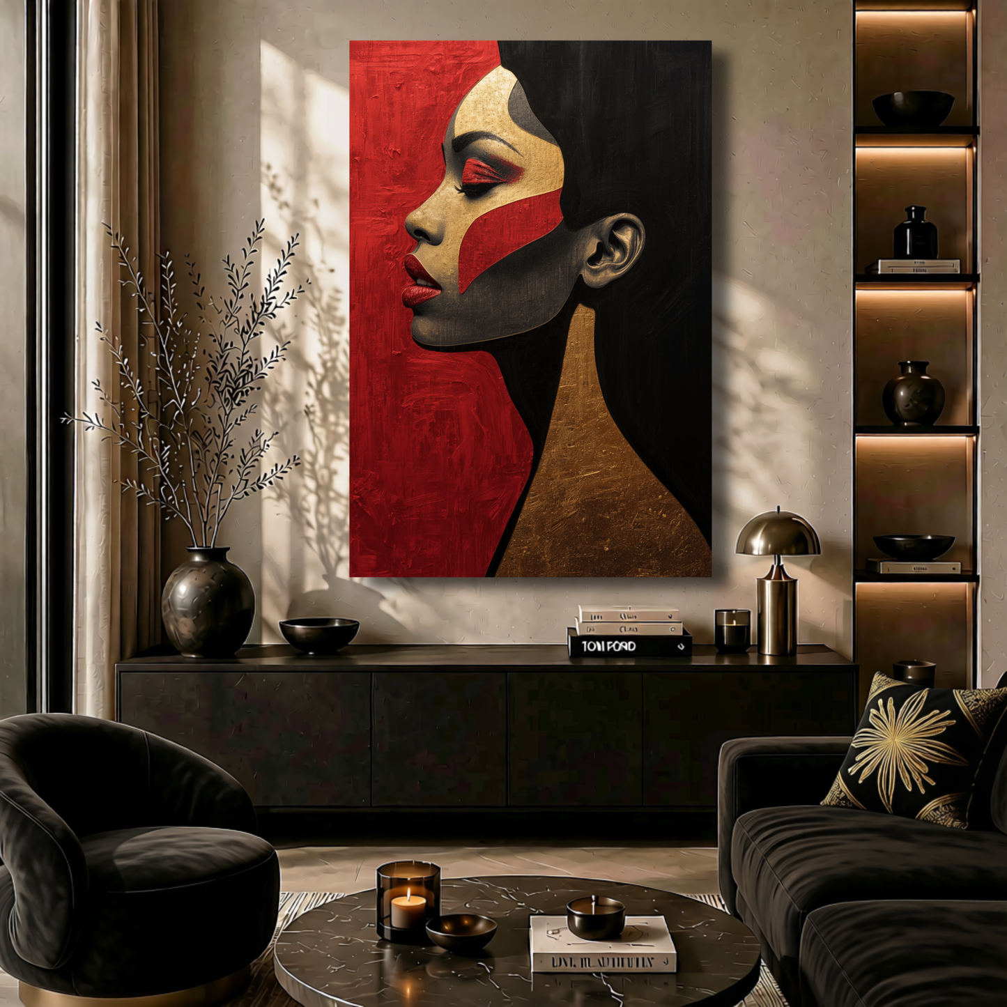 Black Woman Wall Art – Abstract Afrocentric Canvas Print | Black, Red & Gold Modern Wall Decor