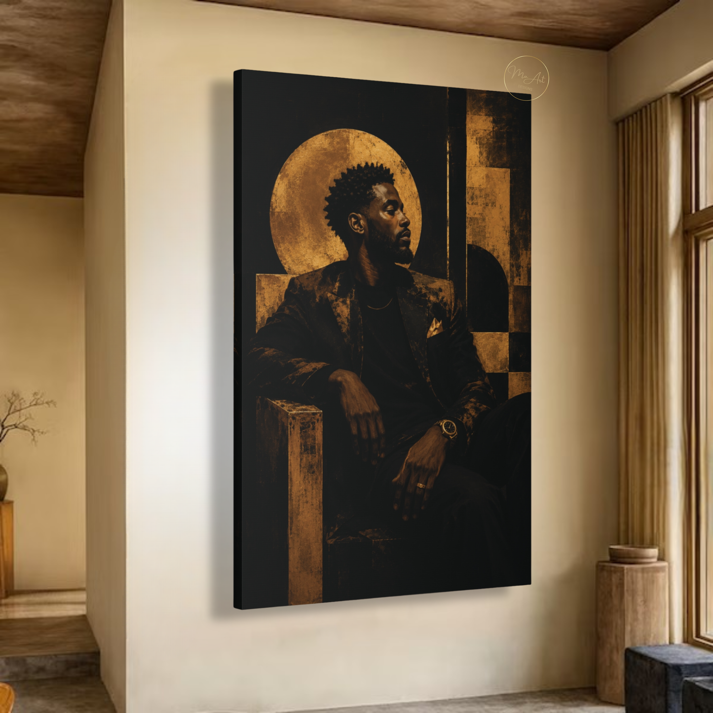 Black Man Wall Art – Abstract Gold & Black Afrocentric Portrait Canvas Print