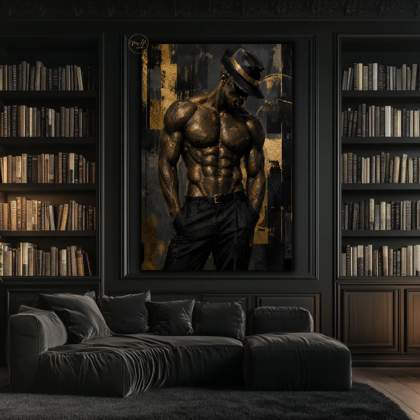 Black Man Wall Art – Sensual Afrocentric Gold & Black Abstract Masculine Canvas Print