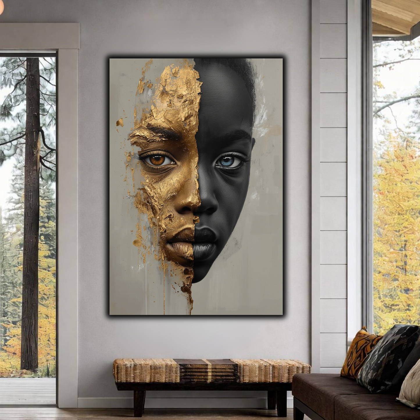 African American Child Wall Art – Black & Gold Abstract Portrait | Afrocentric Luxury Canvas Print