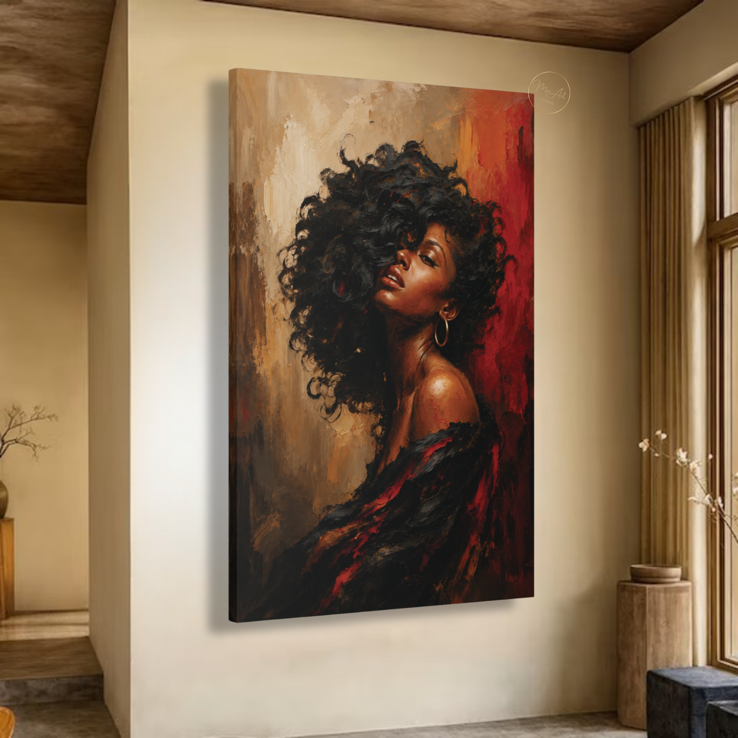 Black Woman Wall Art – Sensual Afrocentric Black, Gold & Red Canvas Print | Luxury Abstract Portrait