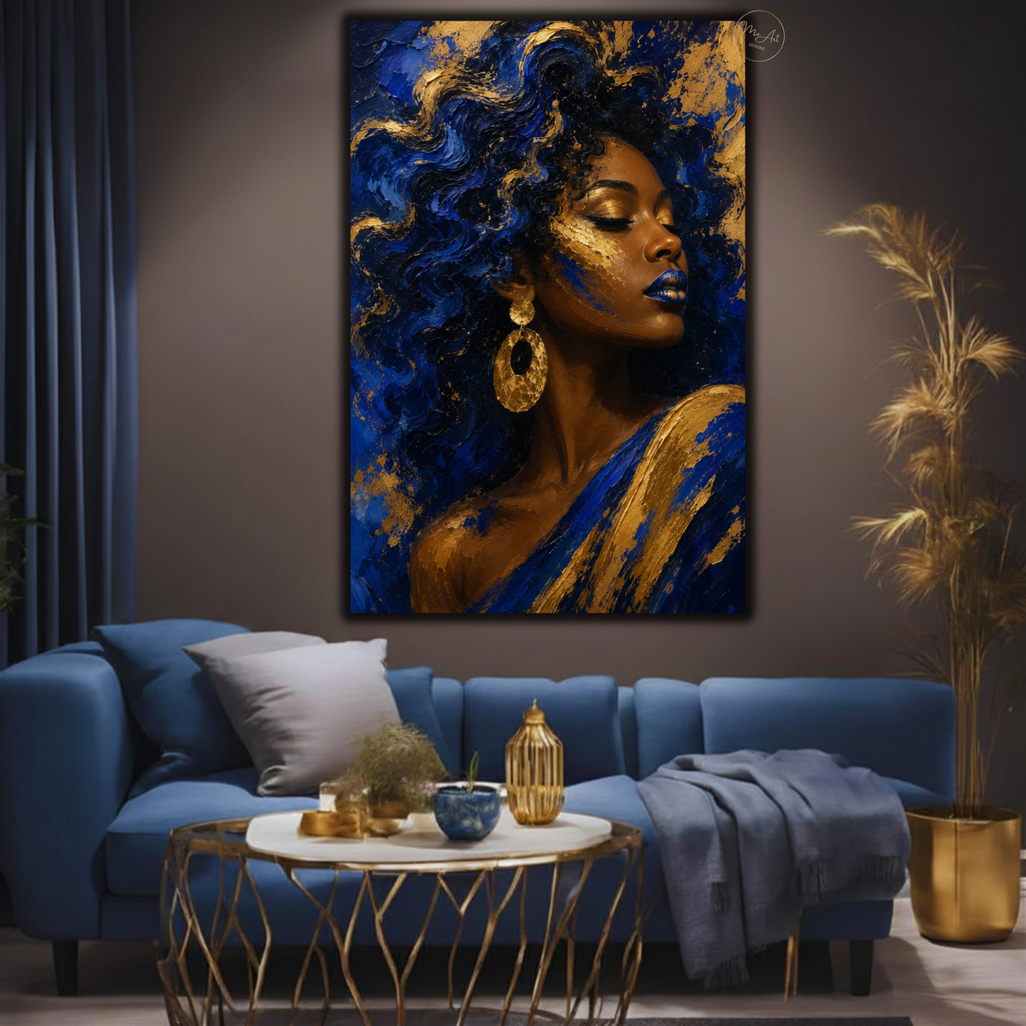 Black Woman Wall Art – Royal Blue & Gold Afrocentric Canvas Print | Abstract African American Woman Art