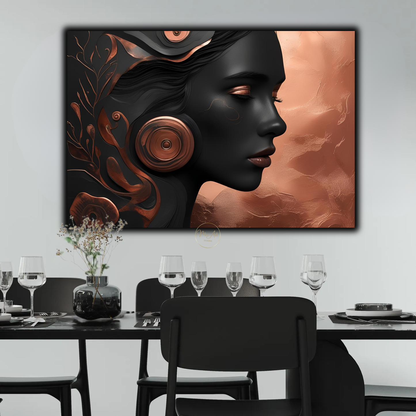 Black Woman Wall Art – Luxury Black & Copper Abstract Afrocentric Canvas Print
