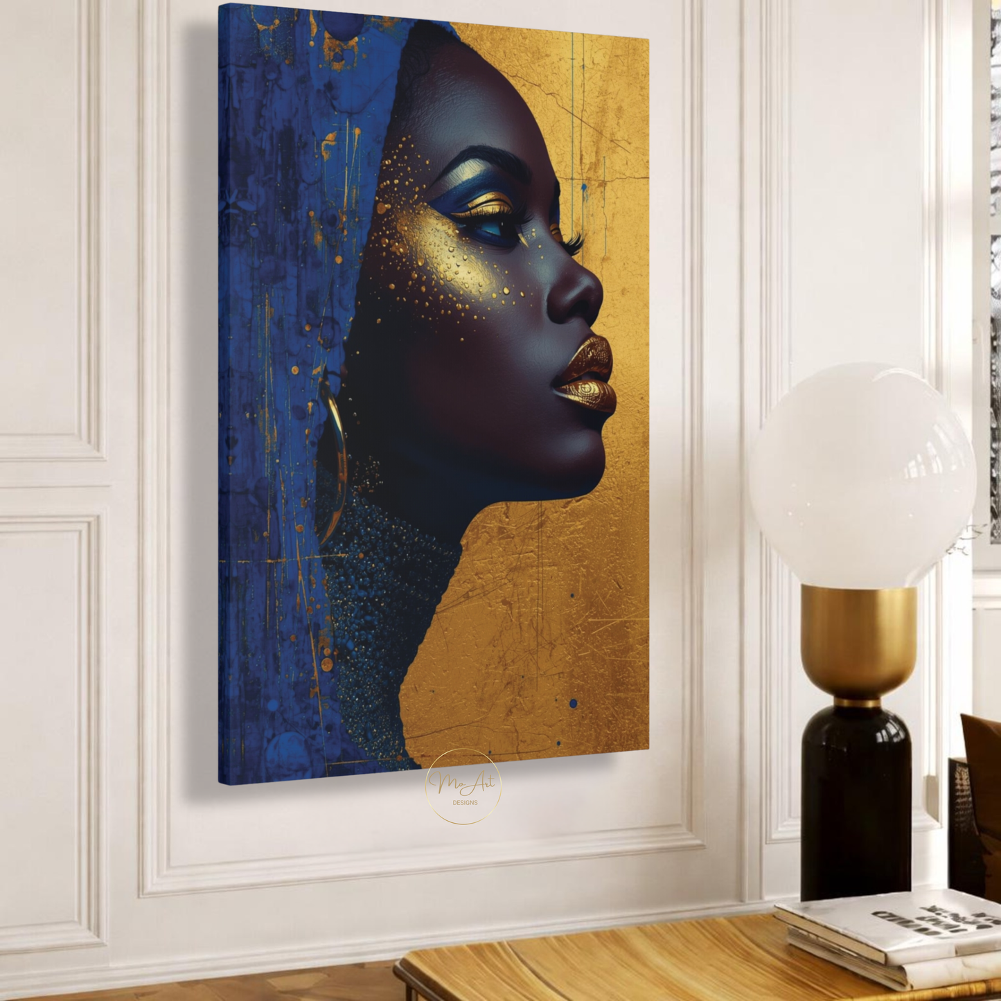 Black Woman Wall Art – Royal Blue & Gold Abstract Afrocentric Beauty Canvas Print