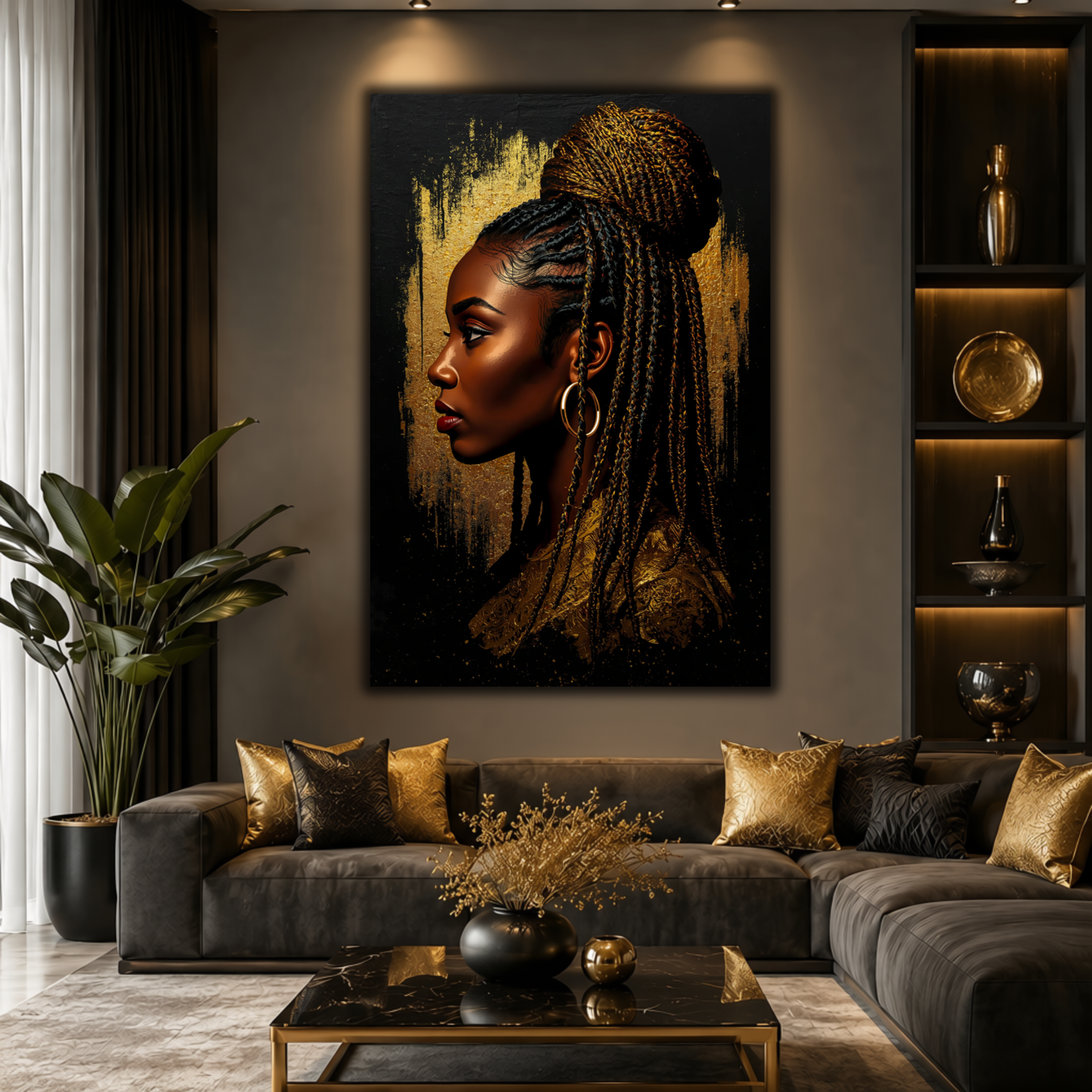 Black Woman Wall Art – Braided Afrocentric Queen in Black & Gold Canvas Print | Luxury African American Decor