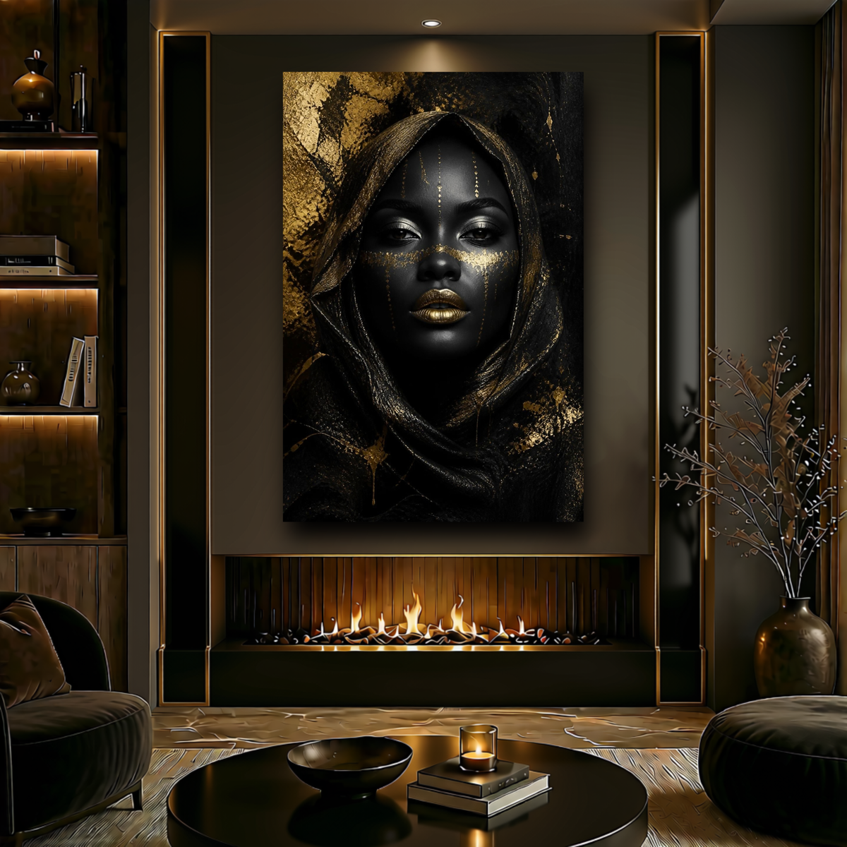 Black Woman Wall Art – Obsidian Queen | Black & Gold Luxury Portrait Canvas Print