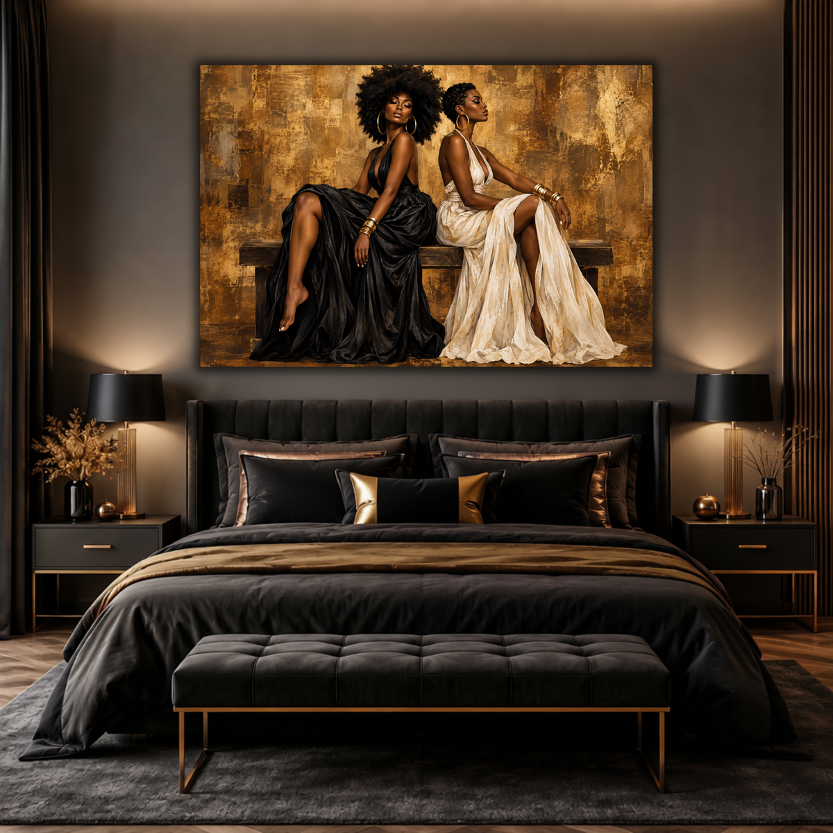 Black Women Wall Art – Essence of Sisterhood | Afrocentric Black & Gold Canvas Print