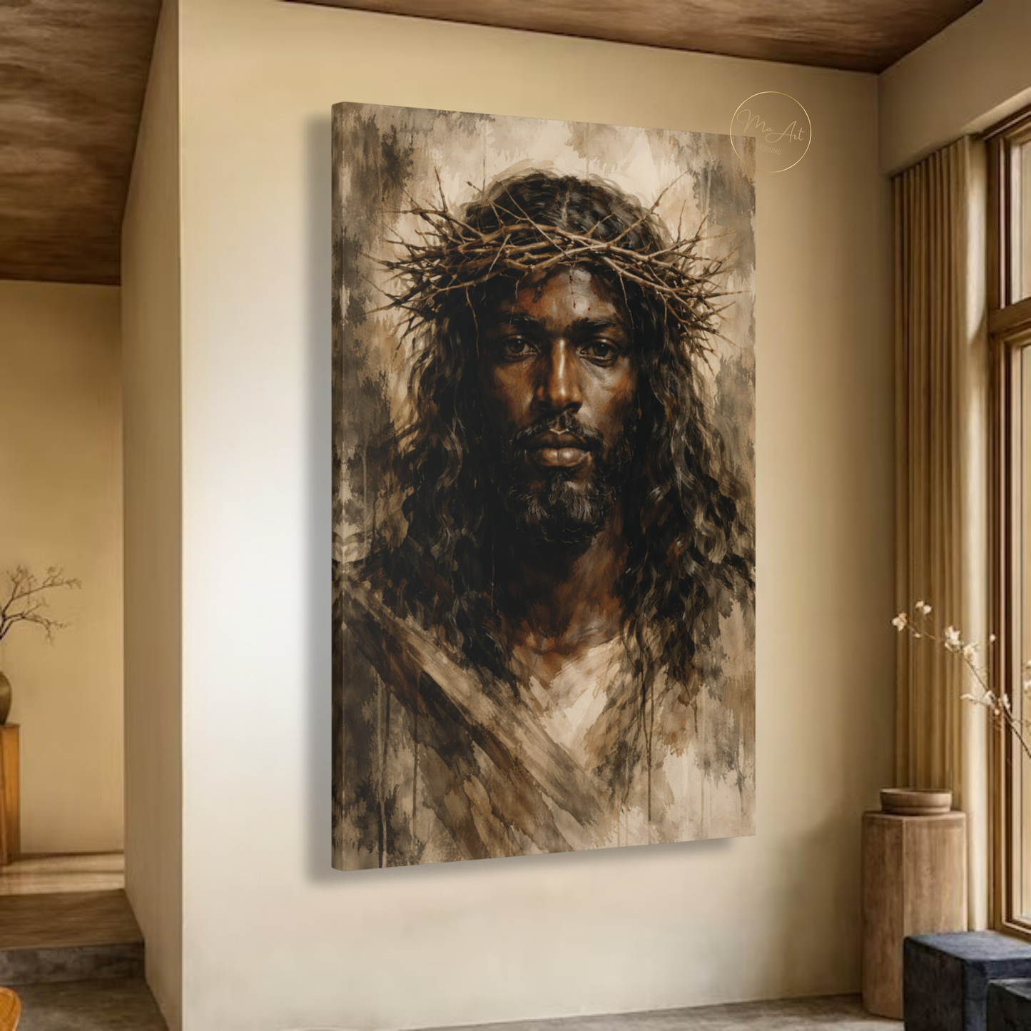 Black Jesus Wall Art – Neutral Abstract Christ Portrait with Crown of Thorns Canvas Print