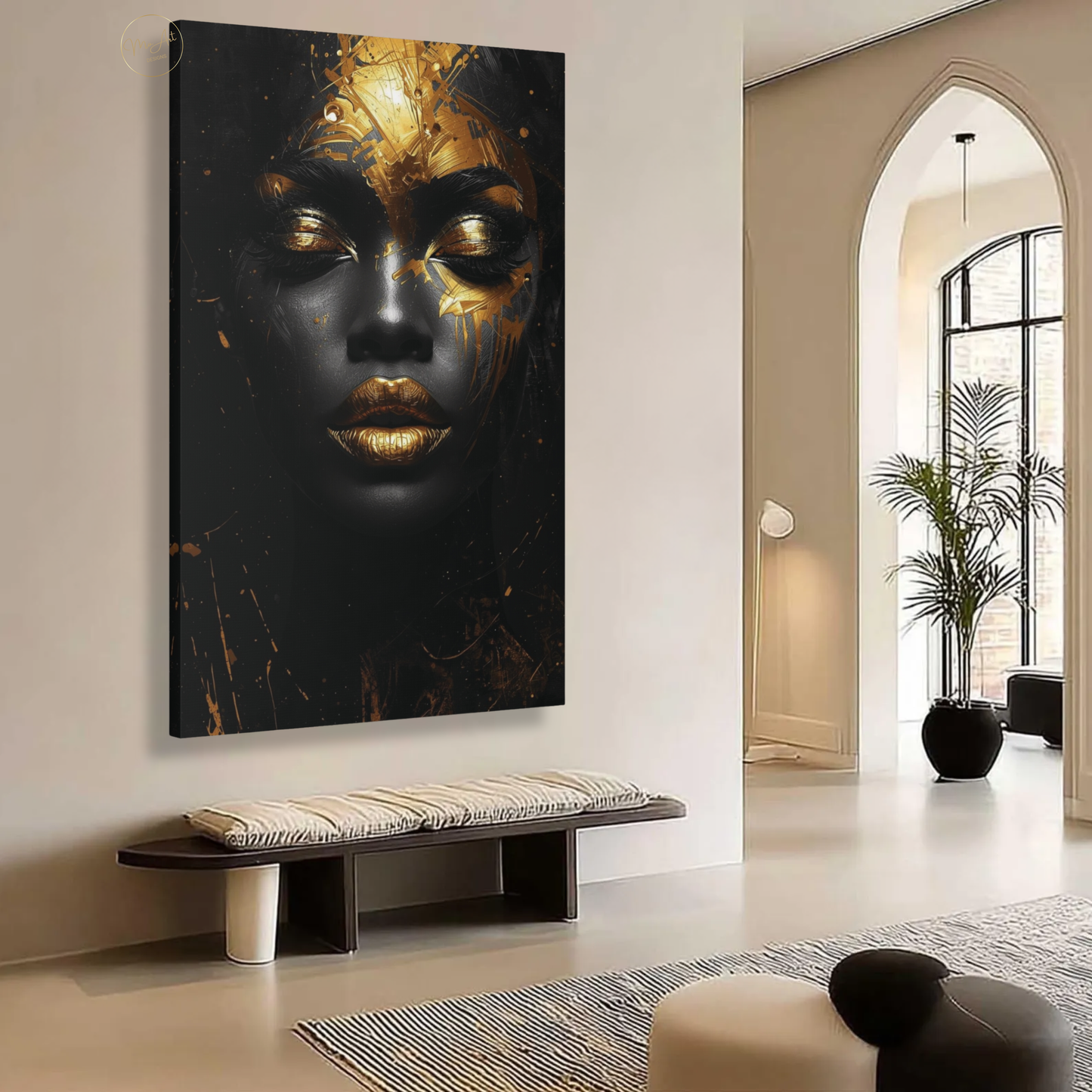 Black Woman Wall Art – Afrocentric Black & Gold Abstract Portrait Canvas Print