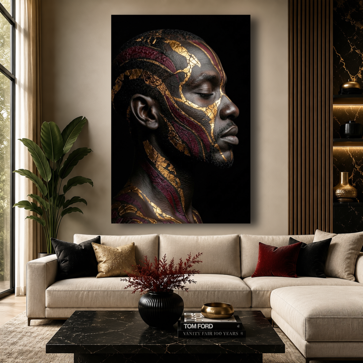 Black Man Wall Art – Serenity | Afrocentric Black, Gold & Burgundy Portrait Canvas Print