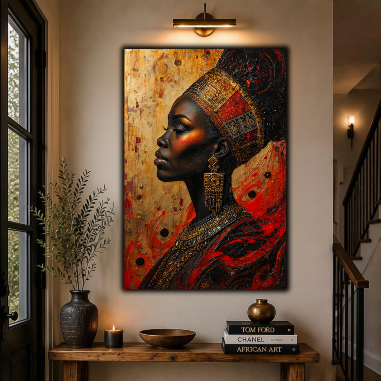 Black Woman Wall Art – Abstract African Queen Canvas Print |  Afrocentric Gold, Red & Black Decor