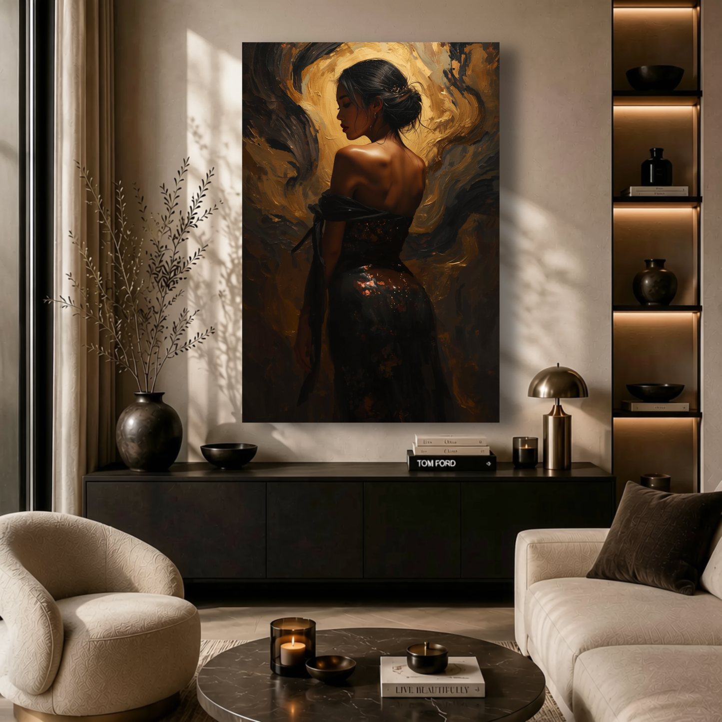 Golden Elegance Canvas Print – Luxury Abstract Female Portrait | Black, Gold & Bronze Wall Art