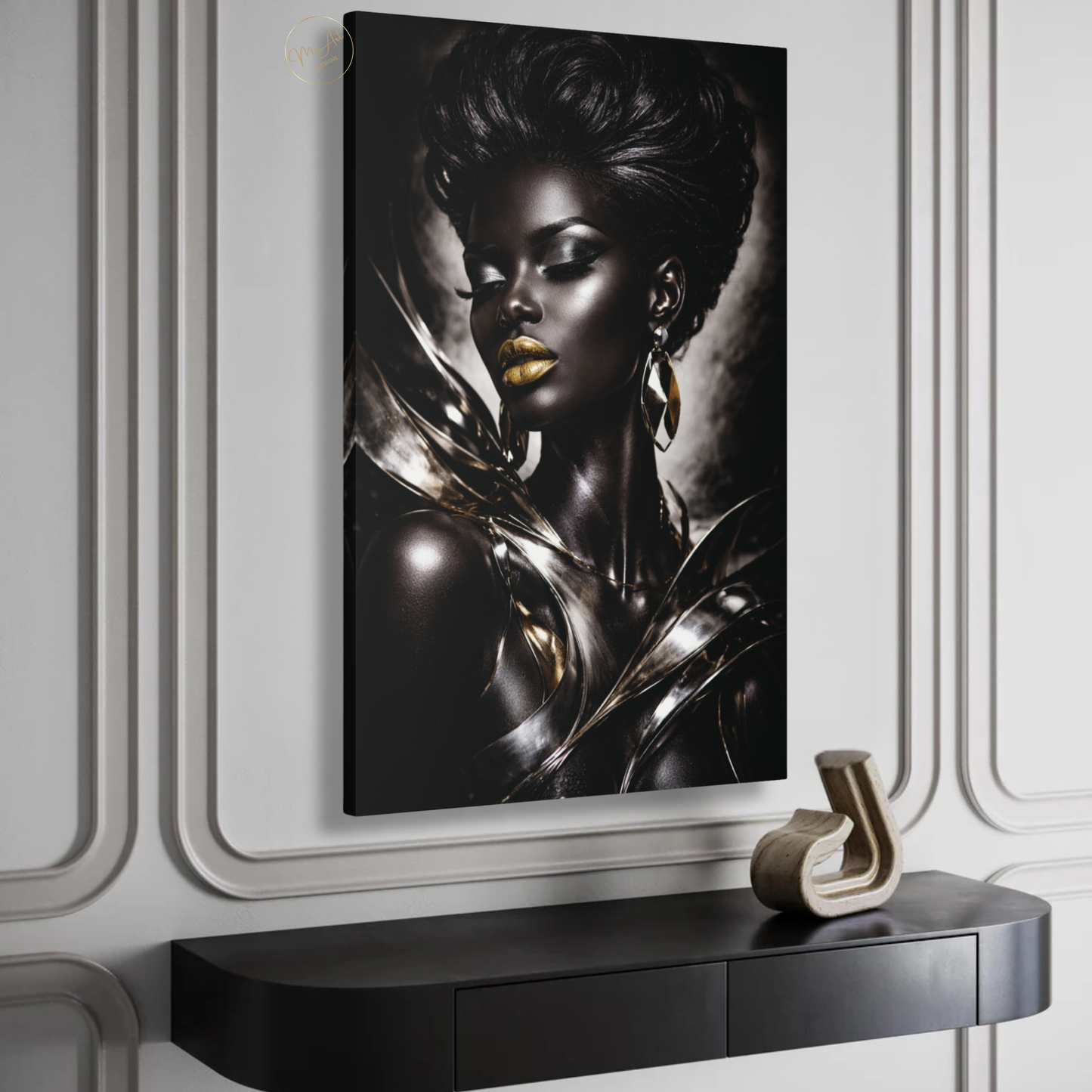 Black Woman Wall Art – Elegant Afrocentric Black & Silver Abstract Canvas Print