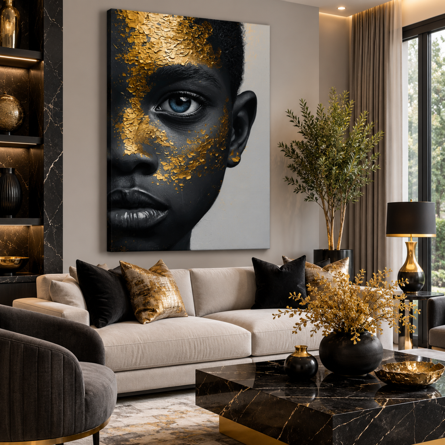 African American Wall Art – Black Boy with Blue Eyes Black & Gold Canvas Print | Luxury Afrocentric Decor