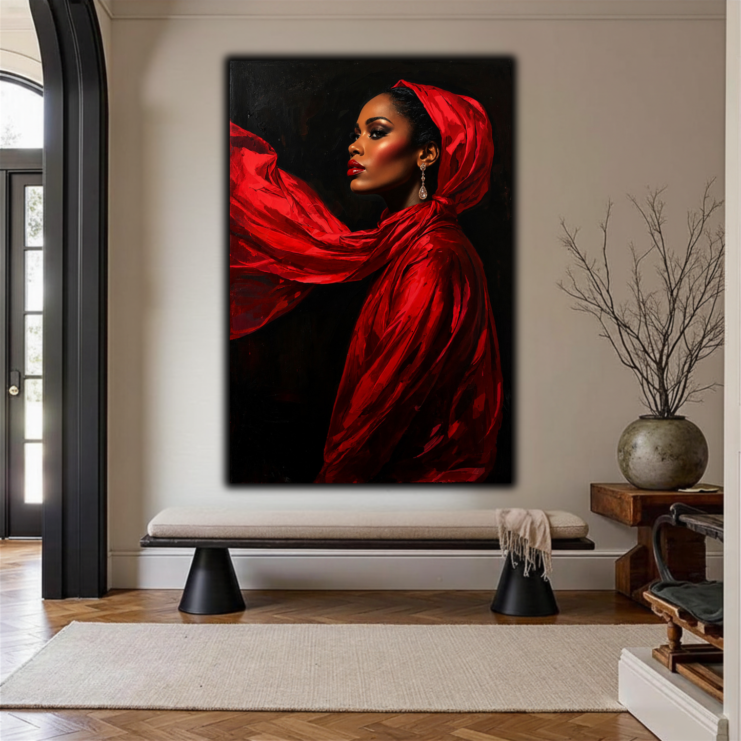 Black Woman Wall Art – Lady in Red Canvas Print | Elegant Afrocentric Home Decor