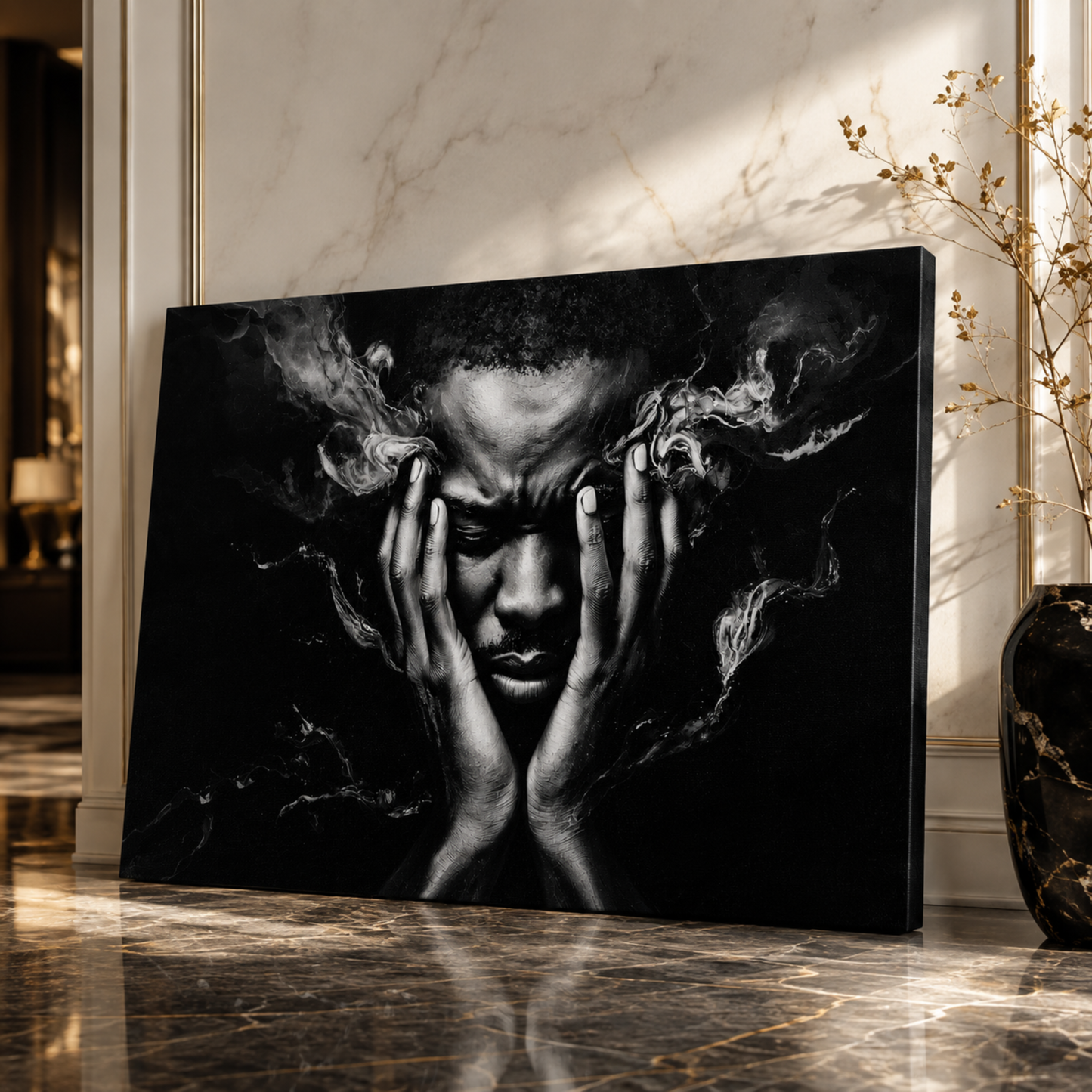 Black Man Wall Art – Abstract Emotional Portrait Canvas Print | Black & White Modern Wall Decor
