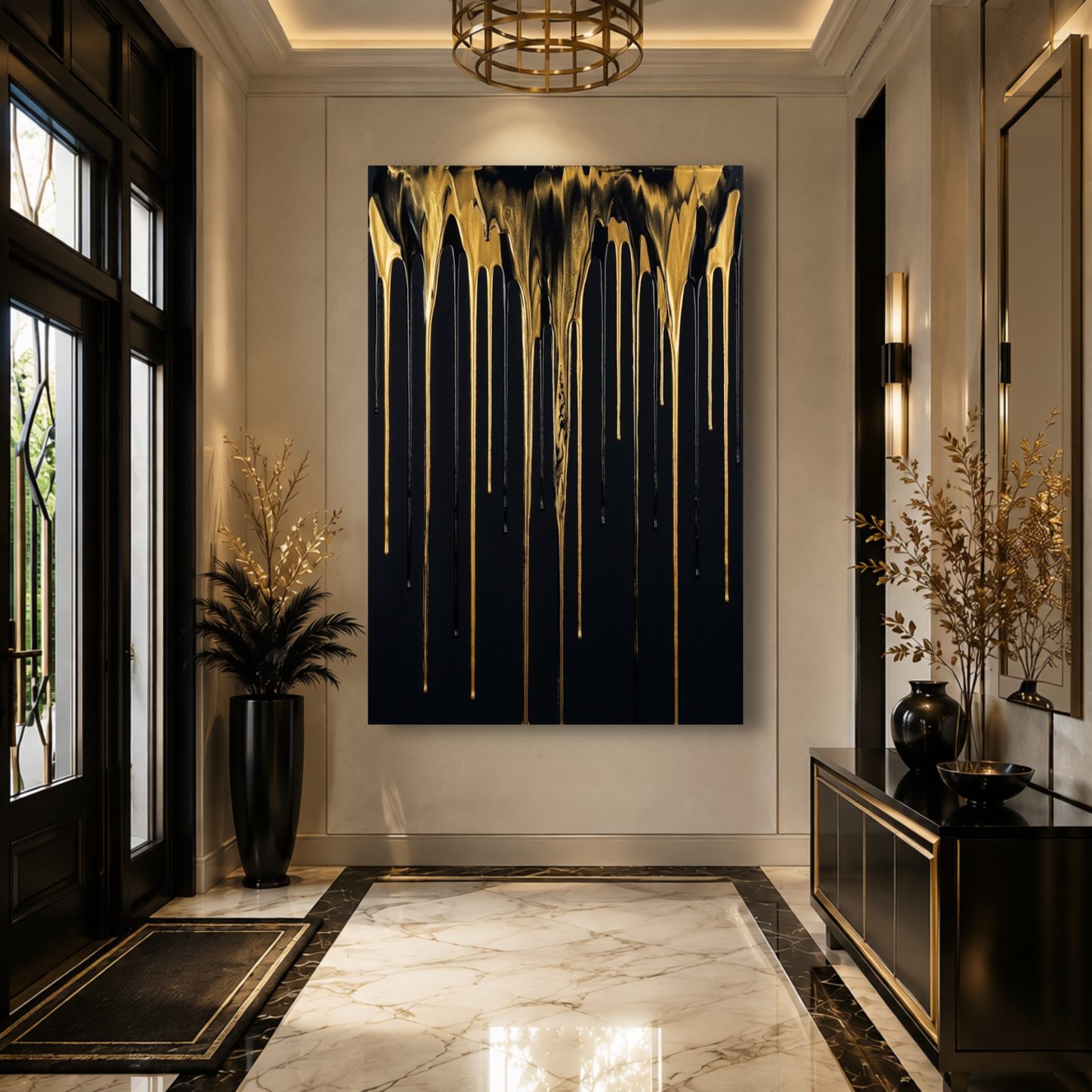 Abstract Modern Gold & Black Drip Canvas Print | Luxury Home Wall Decor