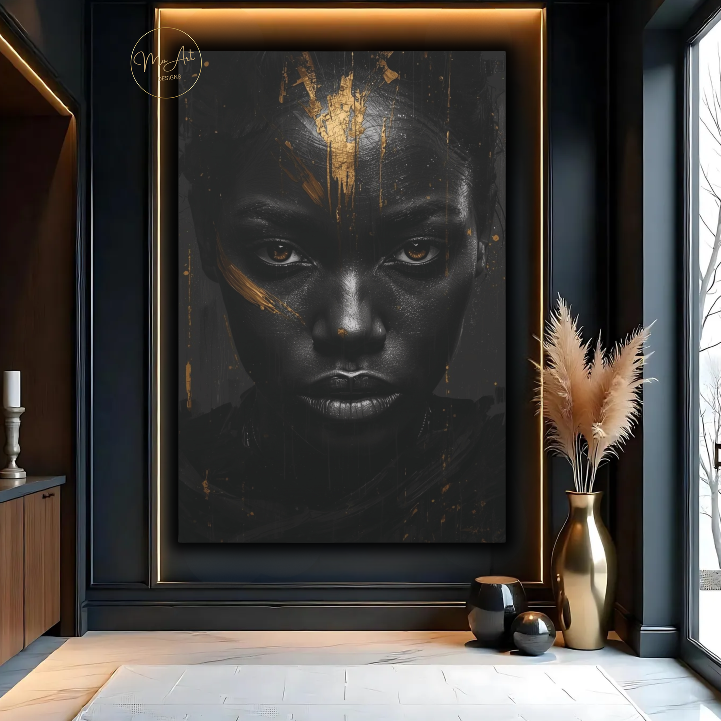 Black Woman Wall Art – Unbreakable Gaze | Black & Gold Statement Canvas Print