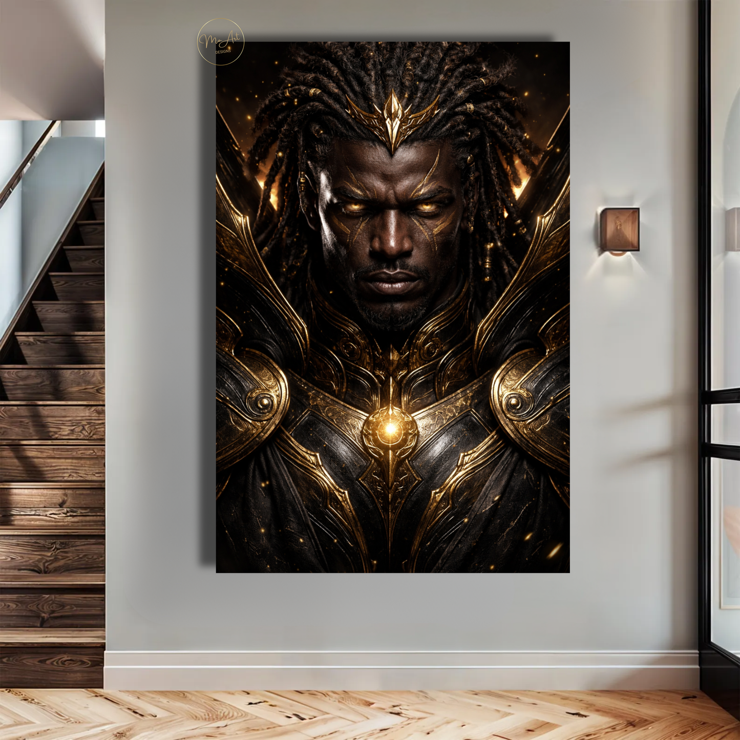 Black Warrior Wall Art – Powerful Afrocentric King in Black & Gold Armor Canvas Print