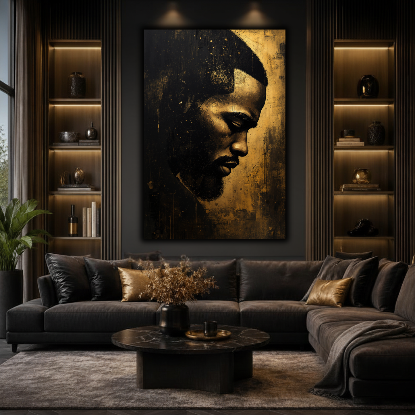 Black Man Wall Art Abstract Portrait | Black and Gold Canvas Print | African American Male Art  Modern Home Decor