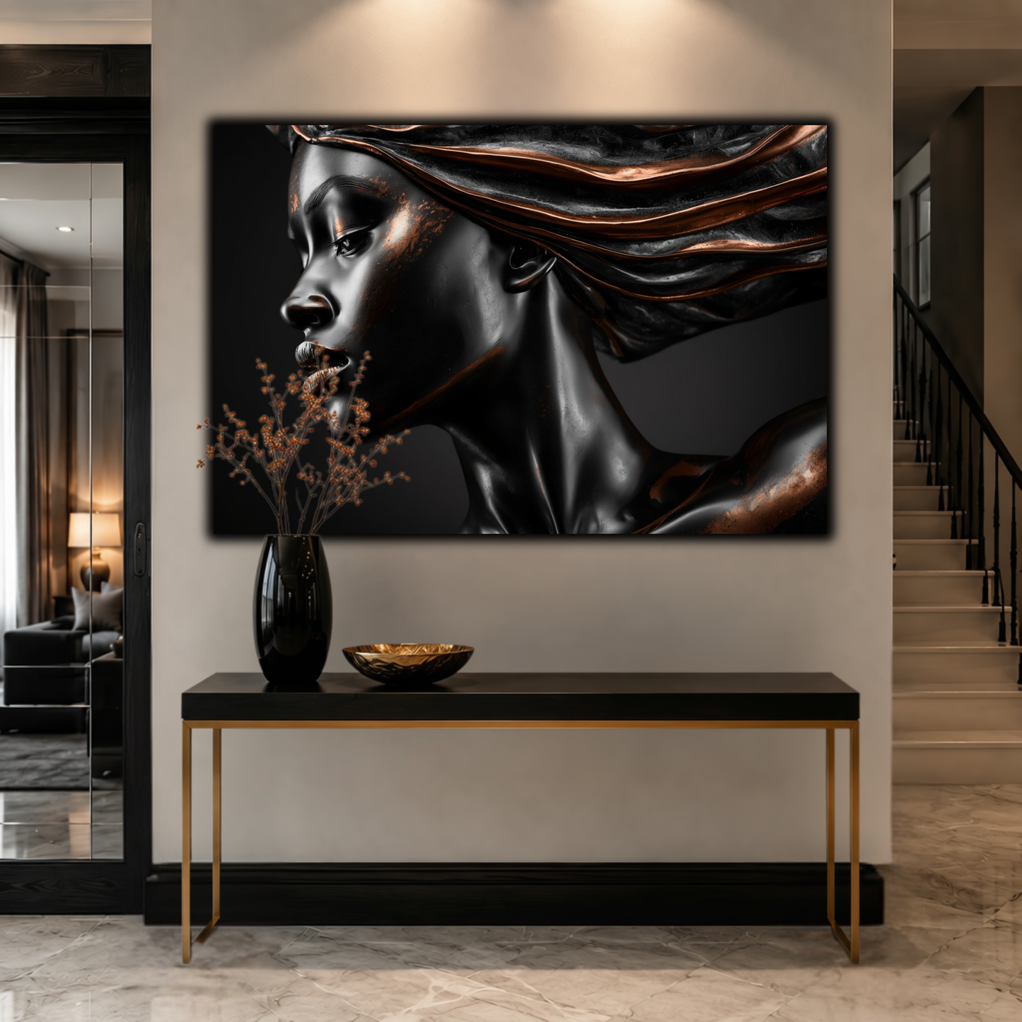 Black Woman Wall Art – Afrocentric Black & Copper Abstract Canvas Print | Modern Luxury Decor