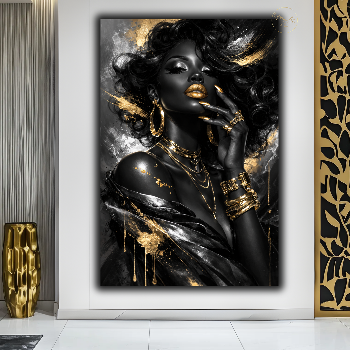 Black Woman Wall Art – Black & Silver Glam with Gold Lips | Luxury Afrocentric Canvas Print