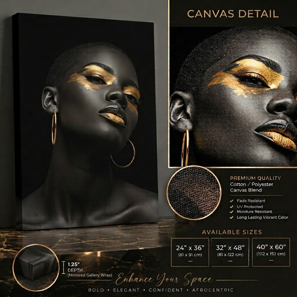 Black Woman Wall Art – Short Hair Queen | Black & Gold Afrocentric Canvas Print
