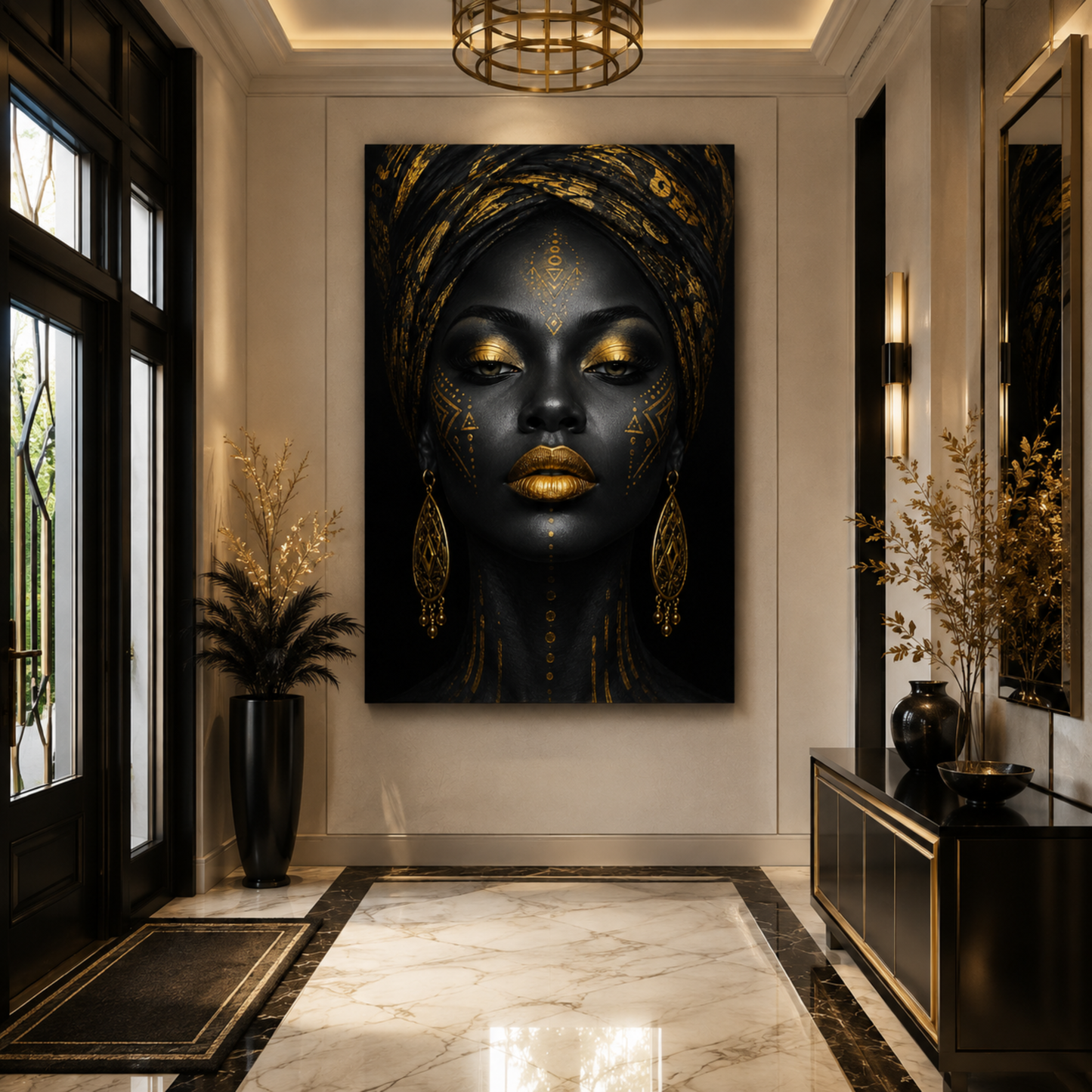 Black Woman Wall Art – Abstract Afrocentric Canvas Print | Black & Gold Wall Decor