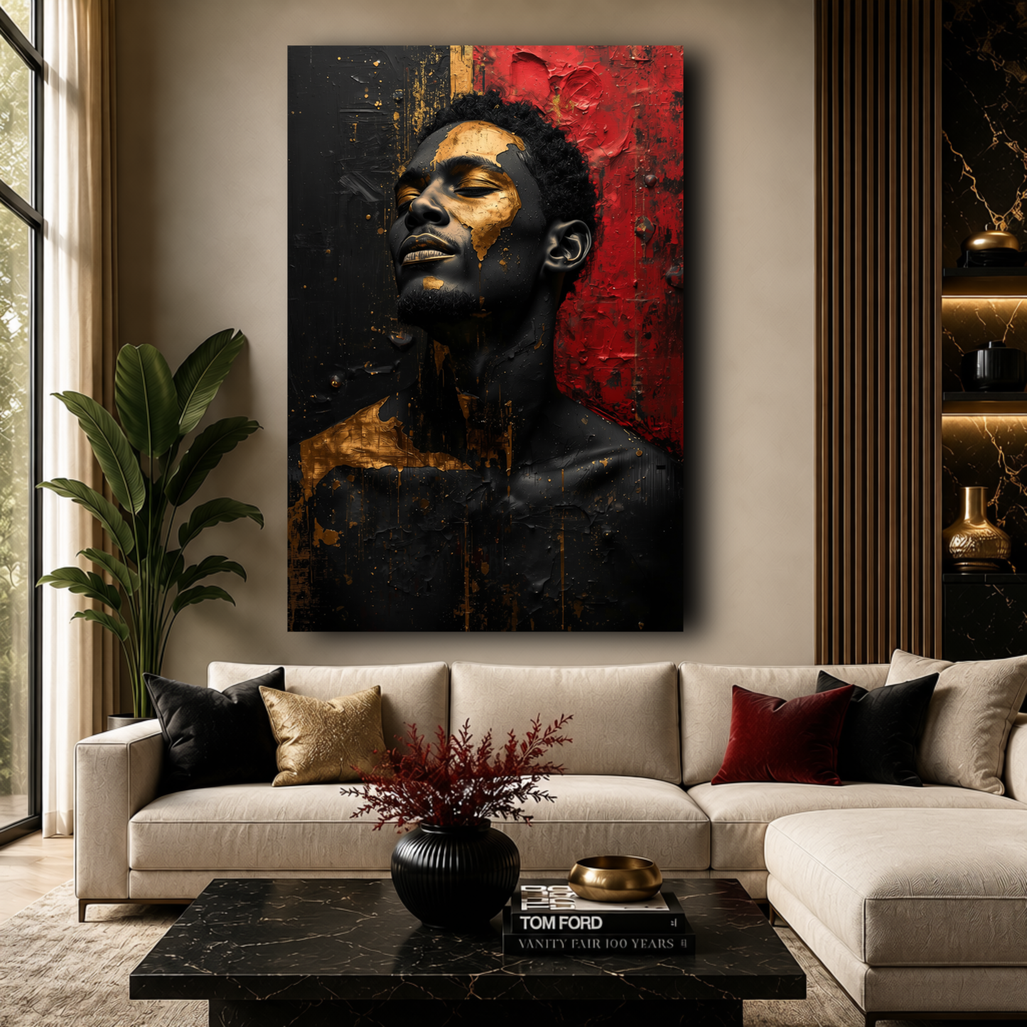 Black Man Wall Art - Afrocentric Abstract Canvas Print in Black, Gold & Red