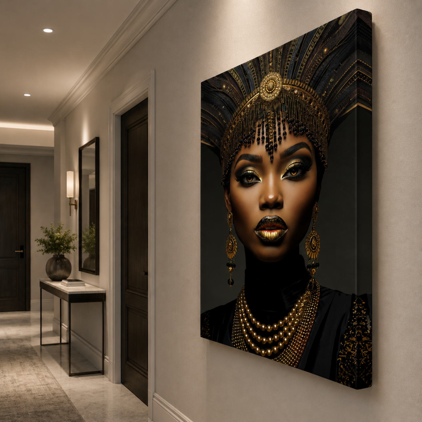 Black Woman Wall Art – African Queen Portrait Black & Gold Canvas Print | Afrocentric Luxury Wall Decor