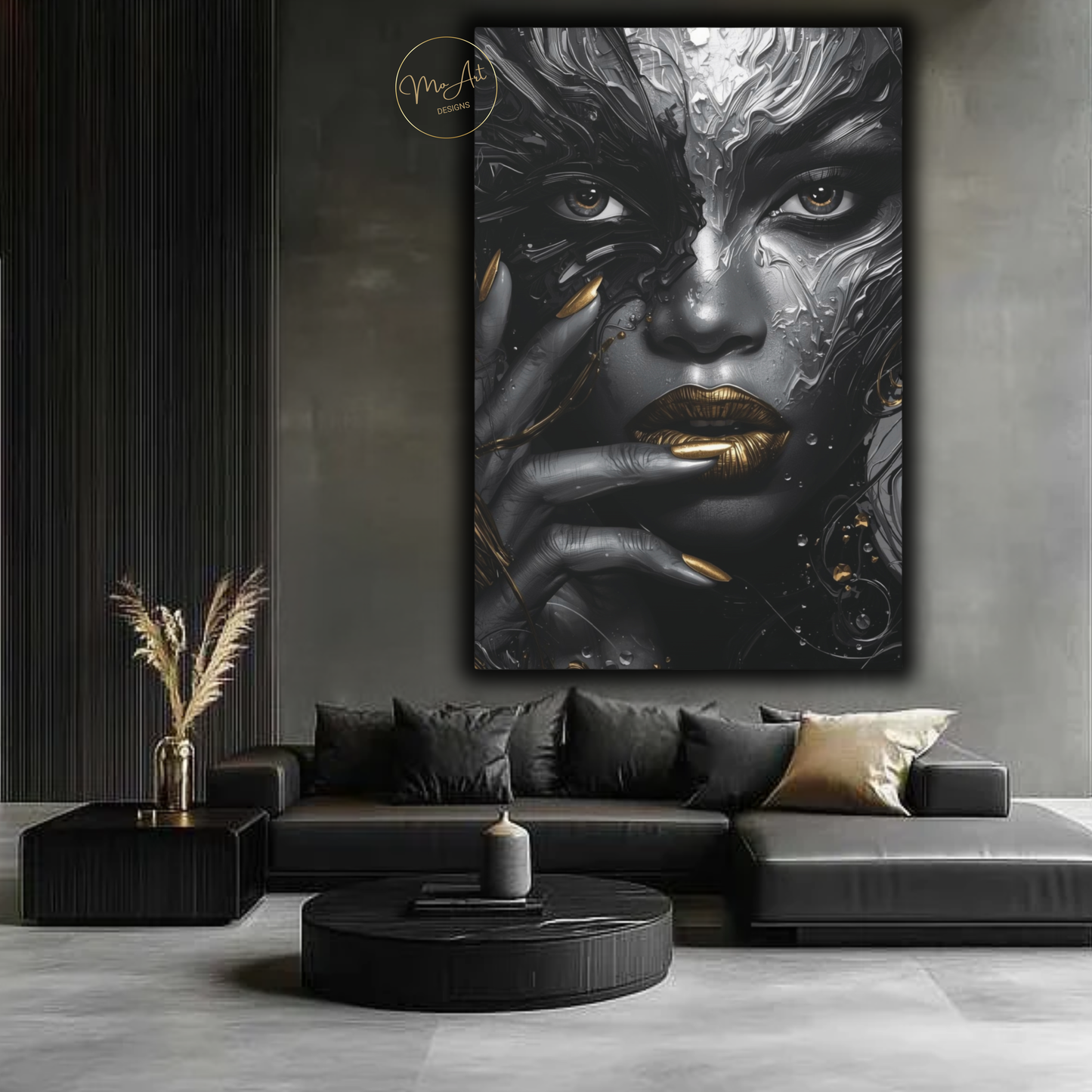 Black Woman Wall Art – Molten Beauty in Silver & Gold | Modern Luxury Canvas Print