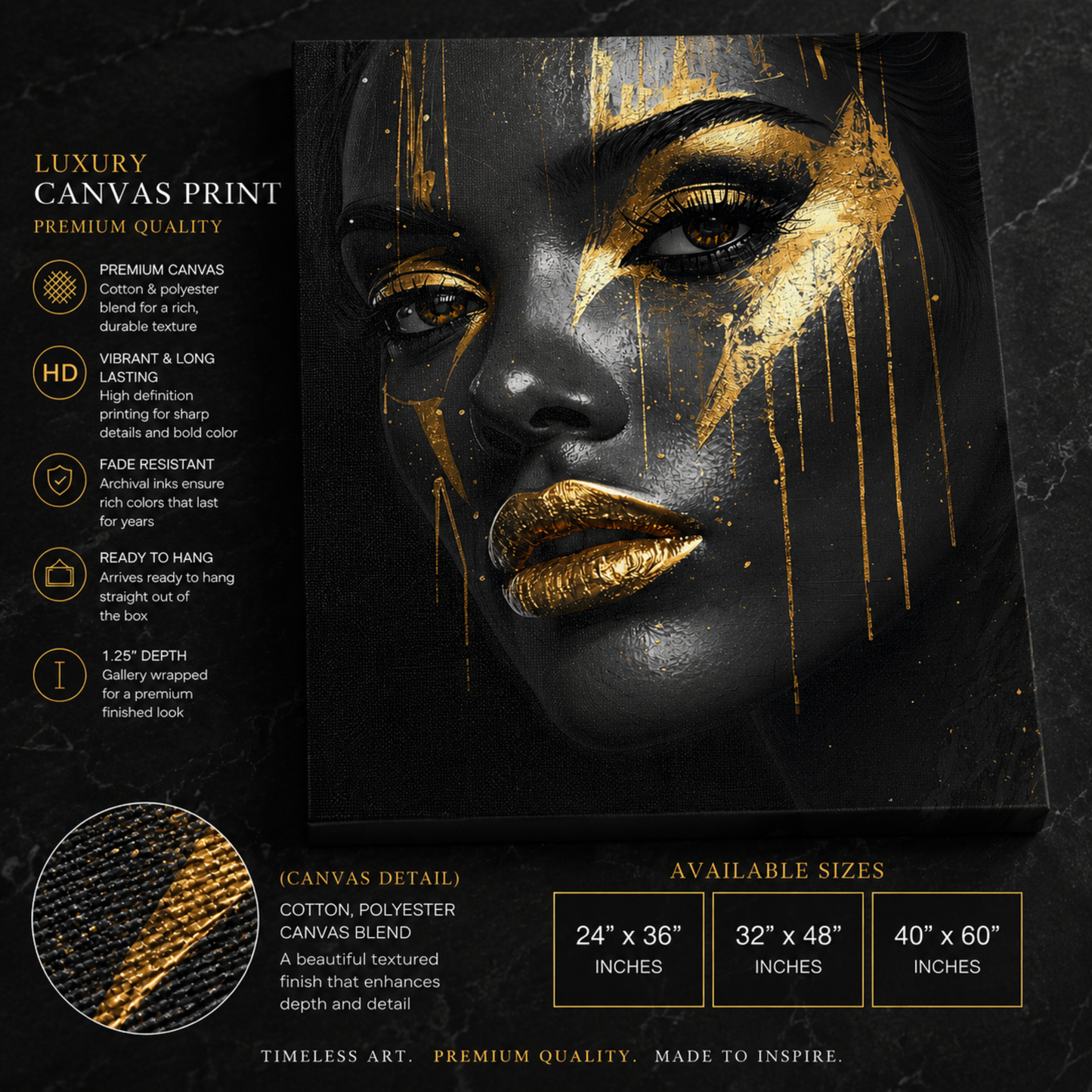 Black Woman Wall Art – Abstract Black & Gold Canvas Print | Luxury Afrocentric Wall Decor