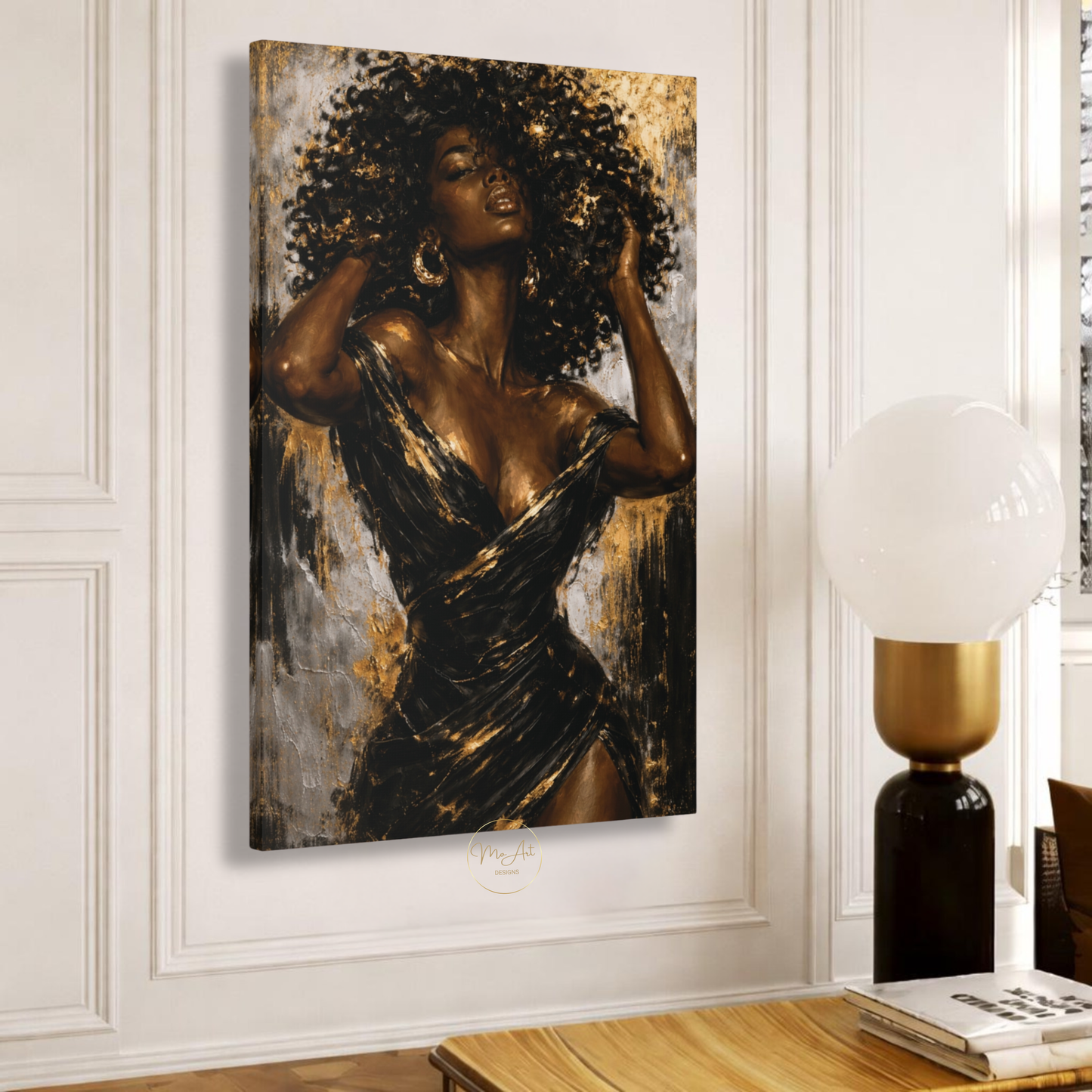 Black Woman Wall Art – Sensual Afrocentric Black, Gold & Silver Abstract Canvas Print