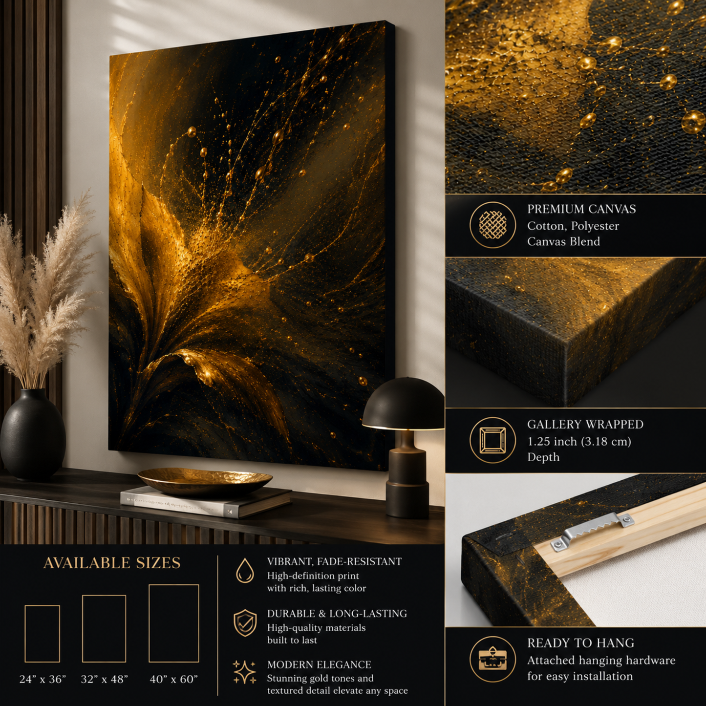 Abstract Gold Flower Wall Art – Elegant Black & Gold Canvas Print | Modern Elegant Home Decor
