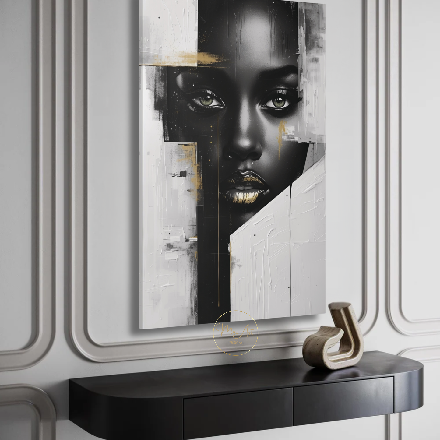 Black Woman Wall Art – Sovereign Gaze - Luxury Black, White & Gold Modern Canvas Print