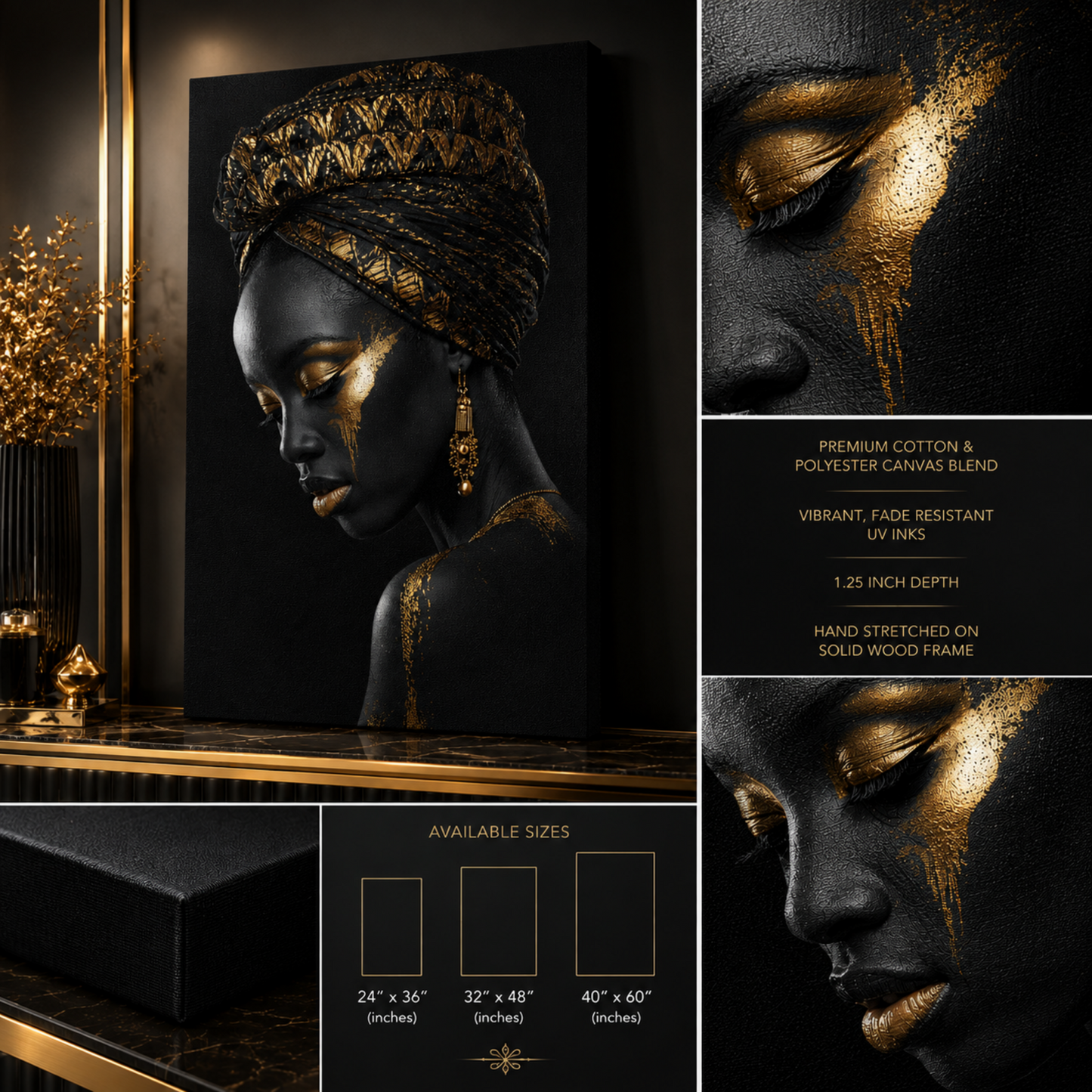 Black Woman Wall Art - African Queen Canvas Print | Black & Gold Wall Decor