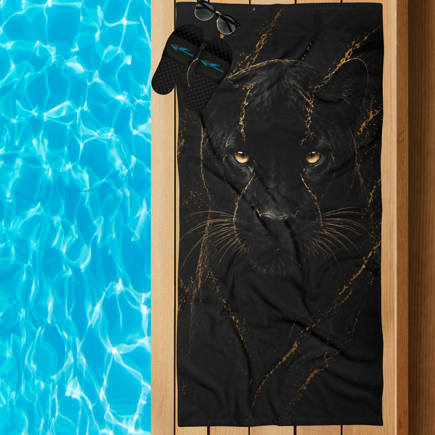Black Panther Beach Towel – Luxury Gold & Black Abstract Panther