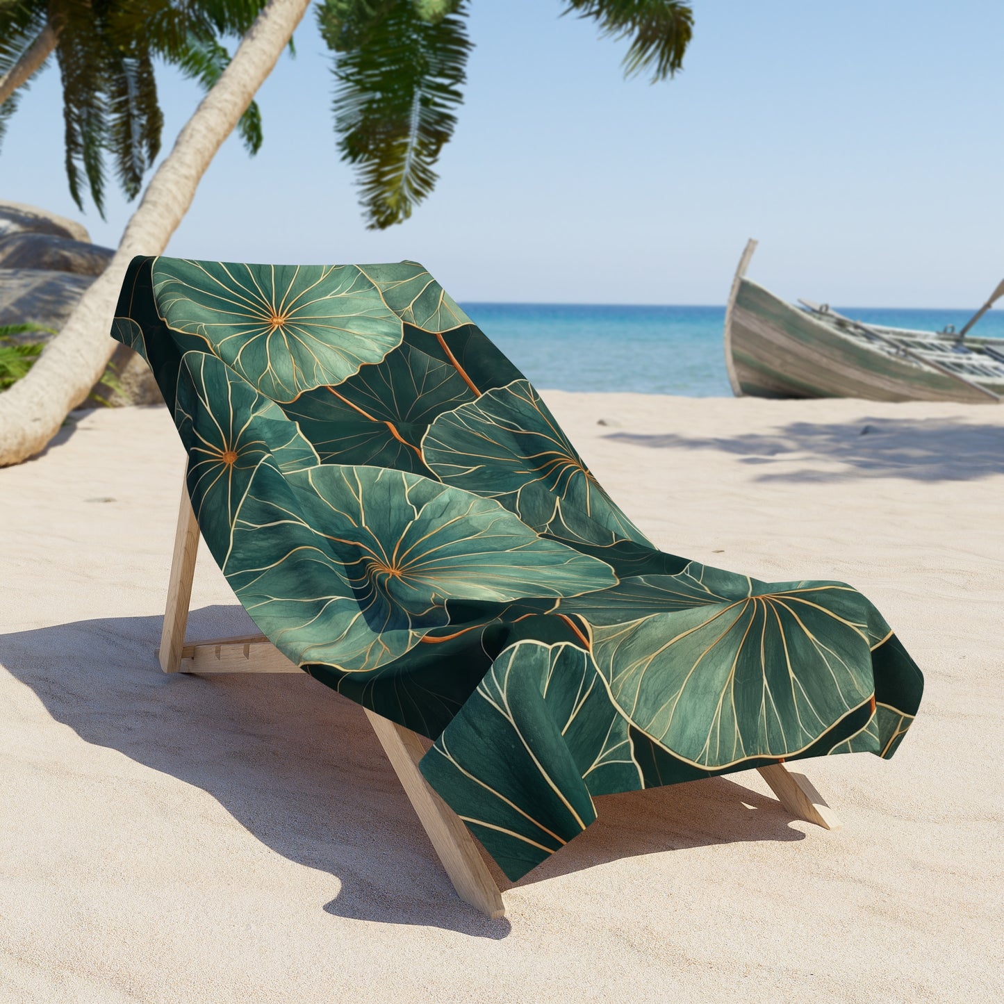 Lush Green Leaves with Gold - Beach Towel