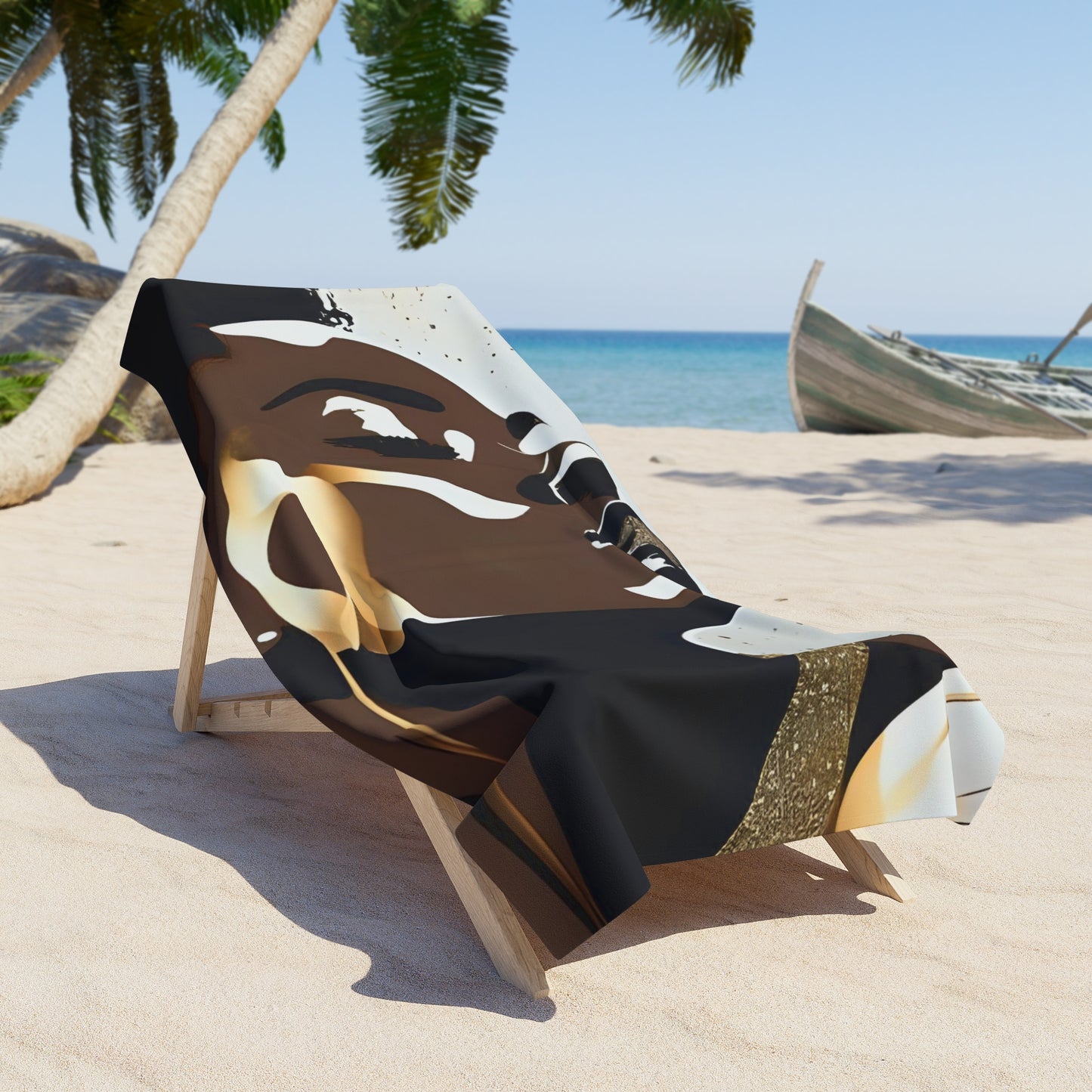 Black Woman Beach Towel | Elegant Afrocentric Gold & Neutral Abstract | (30” x 60” / 36” x 72”)